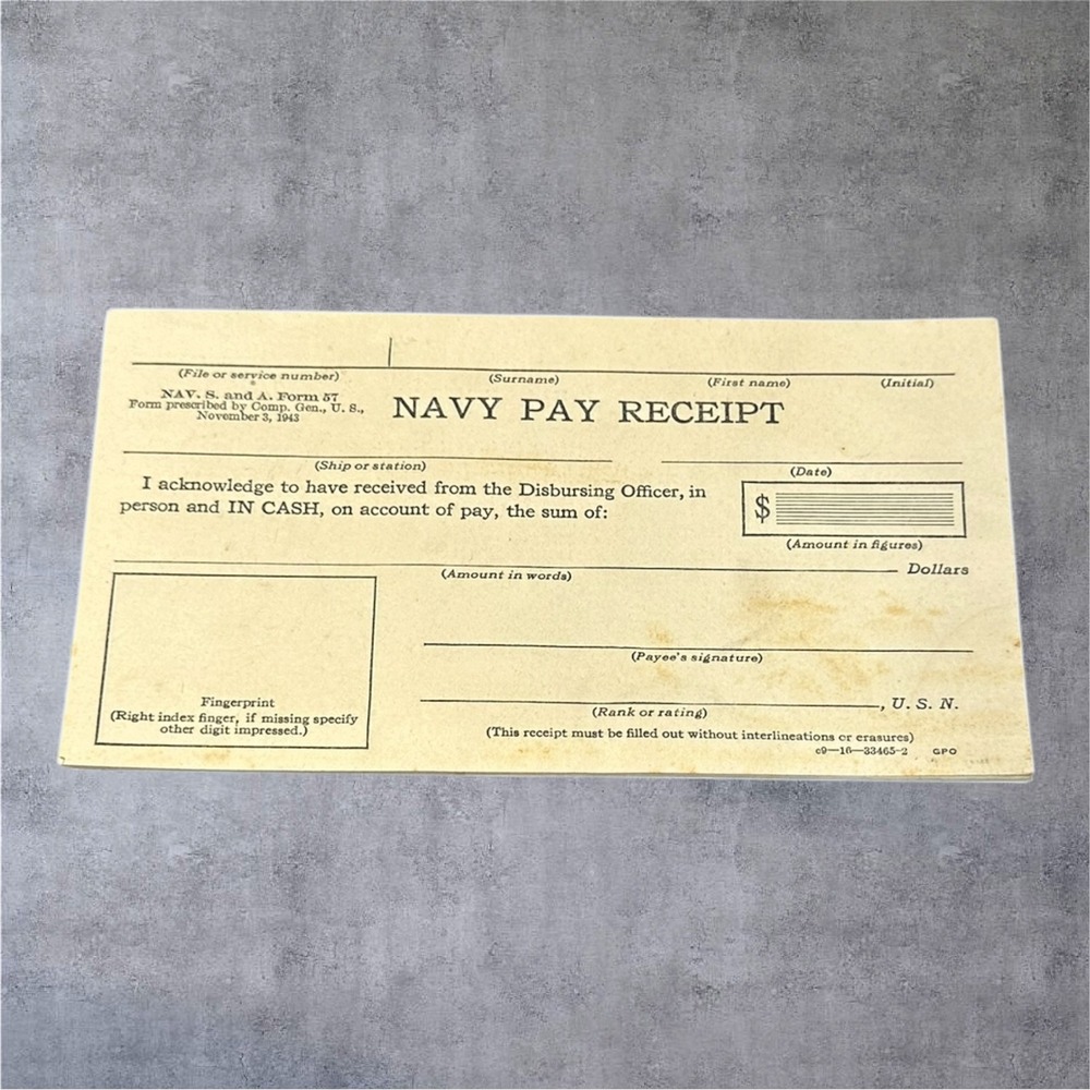 US‎ Navy Pay Receipt Form Booklet WWII 1943 Vintage Military Ephemera